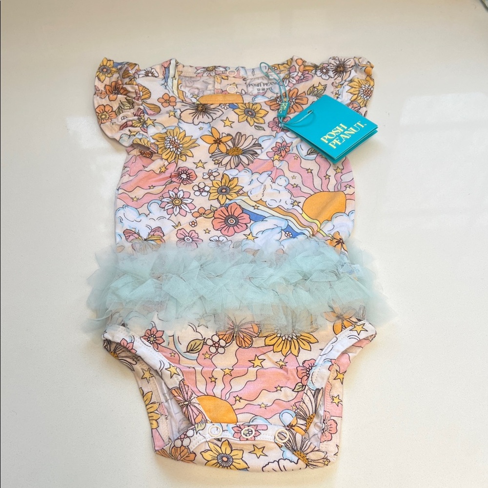 Posh Peanut Floral Bodysuit with Ruffle Skirt - Pink and Blue